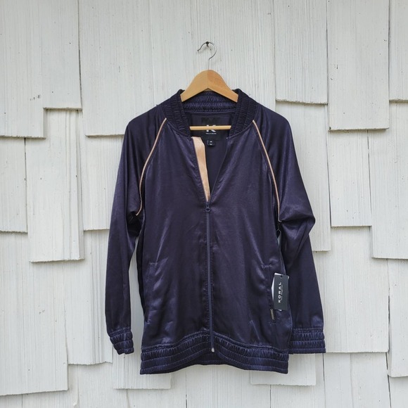Koral Womens XS Navy Satin Bomber Jacket‎ Zip Up Athletic Track Style - Picture 2 of 10